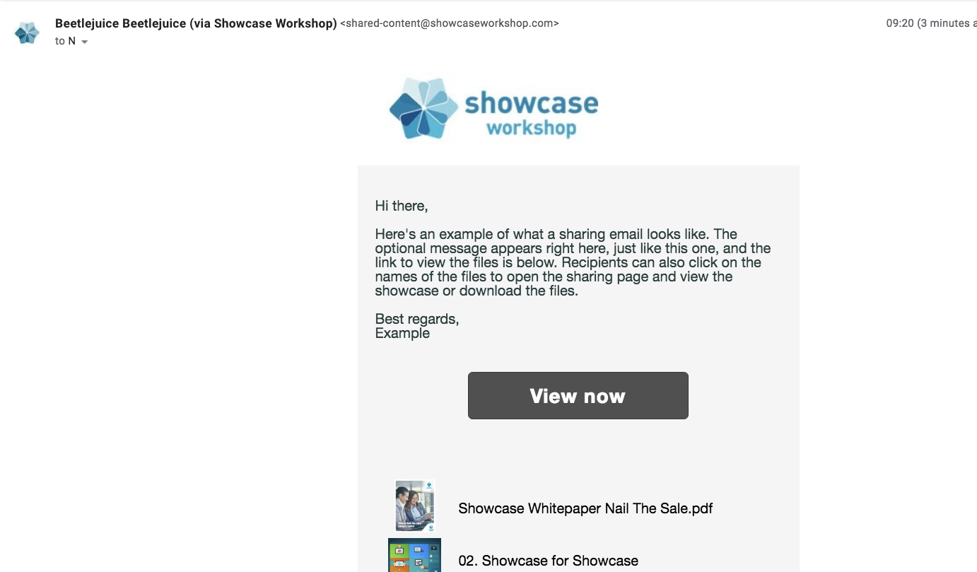 The file sharing email that your recipient gets from Showcase looks a lot like this one.